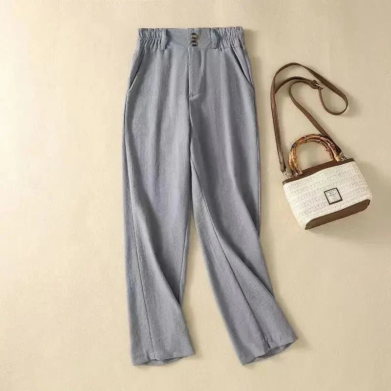 Pantalones de lino para mujer, cintura alta, corte ancho, cinturilla elástica