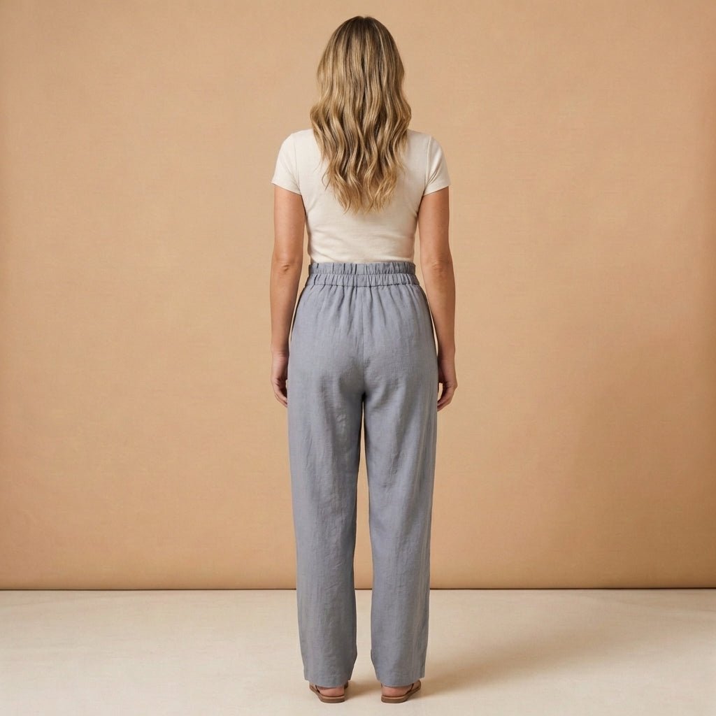 Pantalones de lino para mujer, cintura alta, corte ancho, cinturilla elástica
