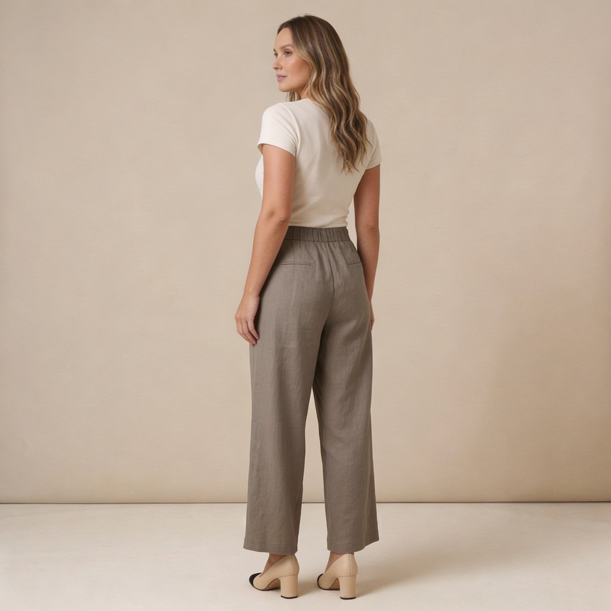 Pantalon en lin pour femme taille haute jambe large fermeture bouton et zip