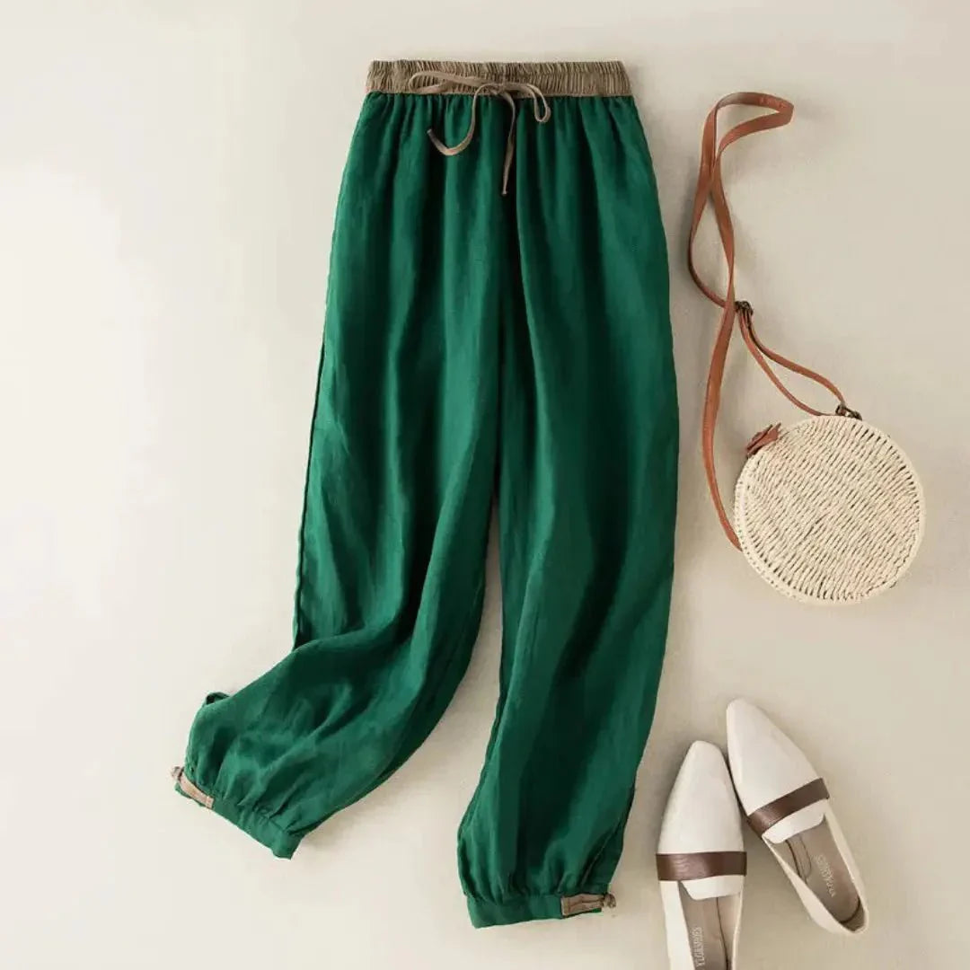 Pantalones de lino para mujer, corte relajado, cordón ajustable en los puños