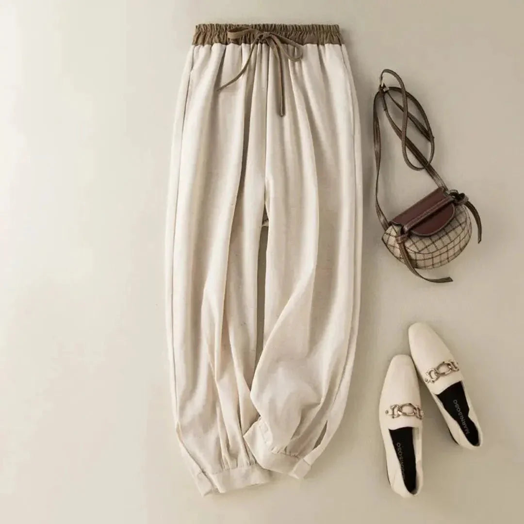 Pantalones de lino para mujer, corte relajado, cordón ajustable en los puños