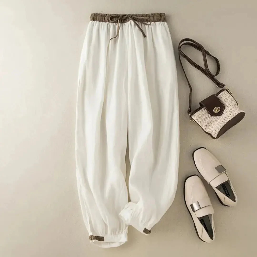 Pantalones de lino para mujer, corte relajado, cordón ajustable en los puños