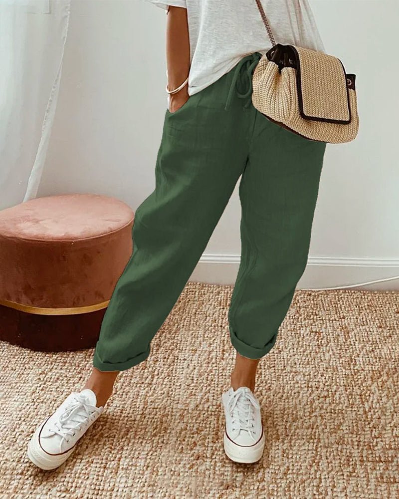 Pantalones de lino para mujer, corte relajado, cintura con cordón, largo completo