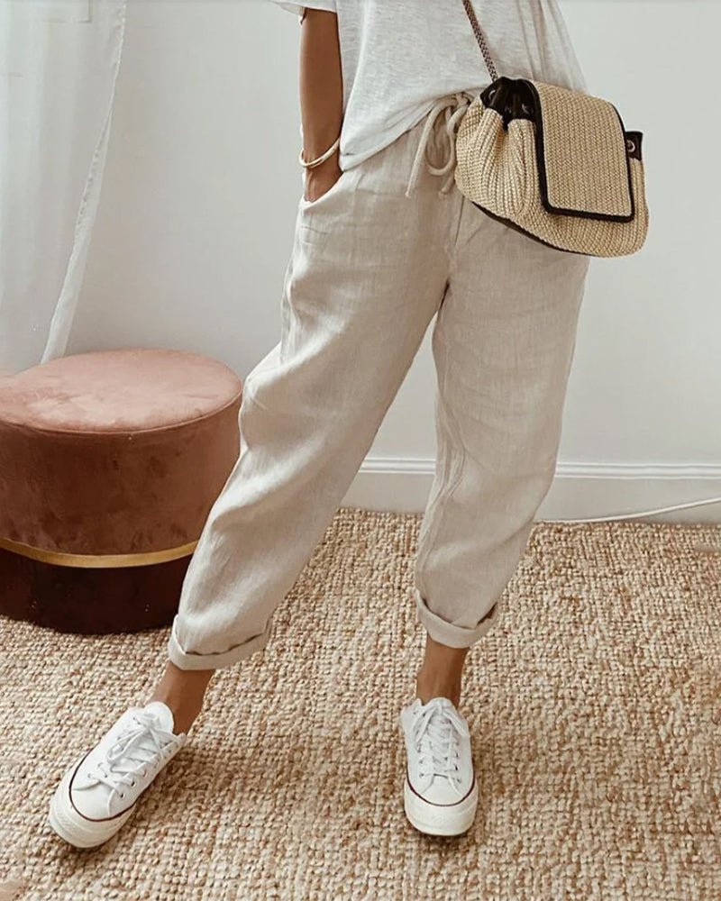 Pantalones de lino para mujer, corte relajado, cintura con cordón, largo completo