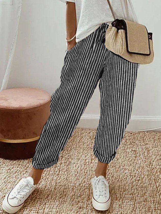 Pantalones de lino para mujer, corte relajado, cintura con cordón, largo completo