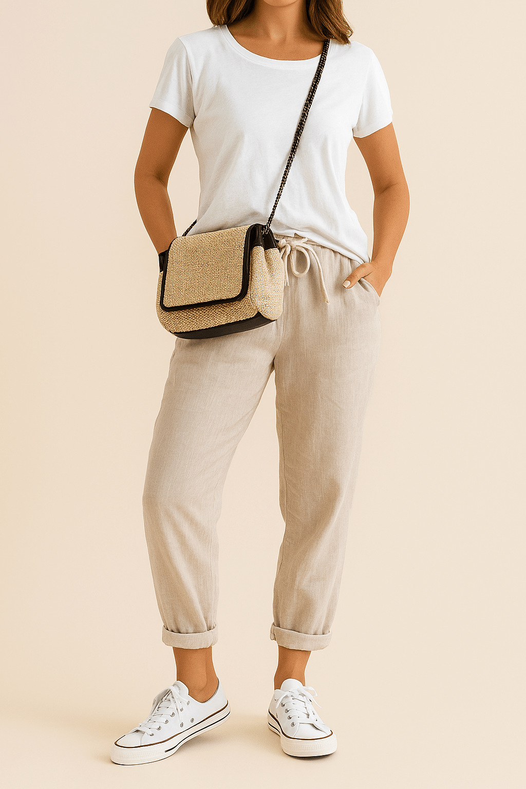 Pantalones de lino para mujer, corte relajado, cintura con cordón, largo completo