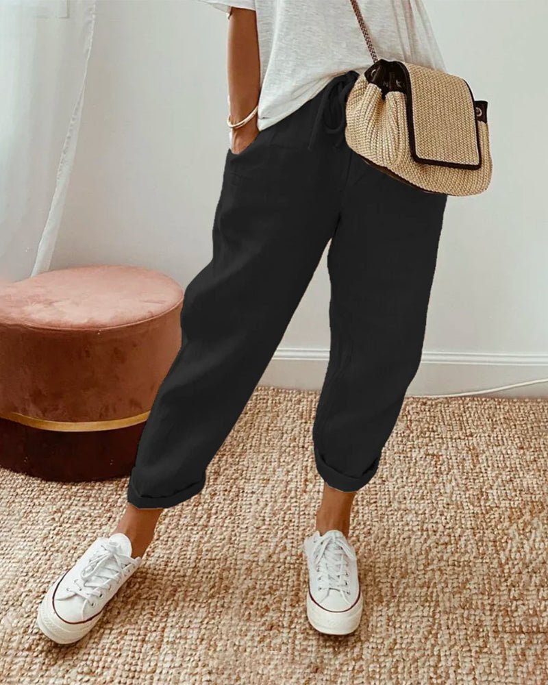 Pantalones de lino para mujer, corte relajado, cintura con cordón, largo completo