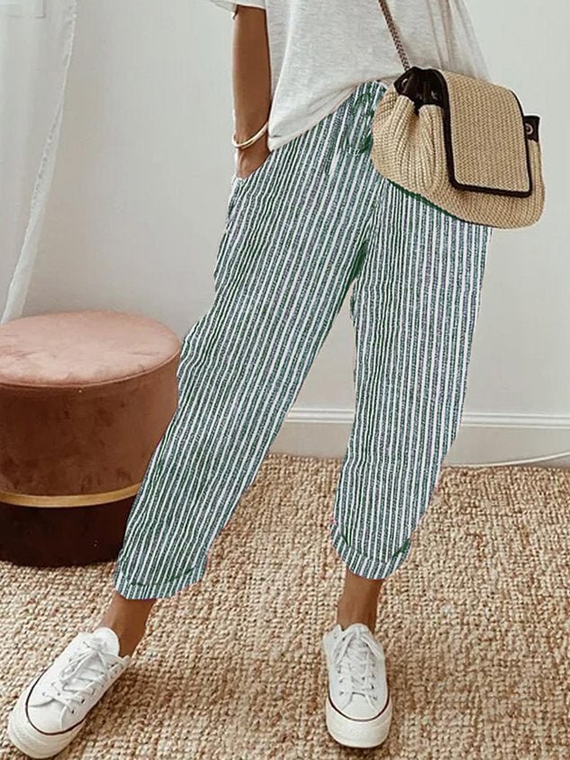 Pantalones de lino para mujer, corte relajado, cintura con cordón, largo completo
