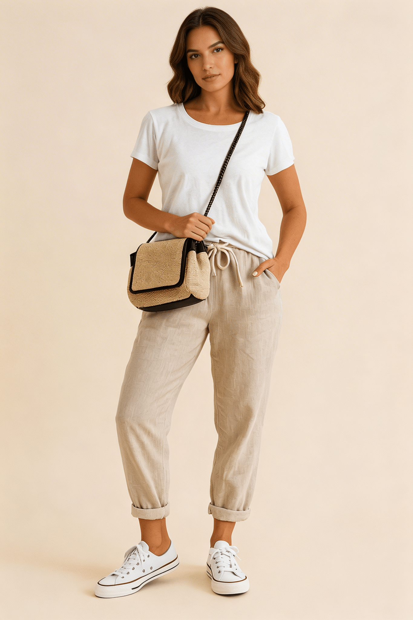 Pantalones de lino para mujer, corte relajado, cintura con cordón, largo completo