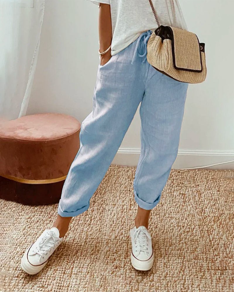 Pantalones de lino para mujer, corte relajado, cintura con cordón, largo completo