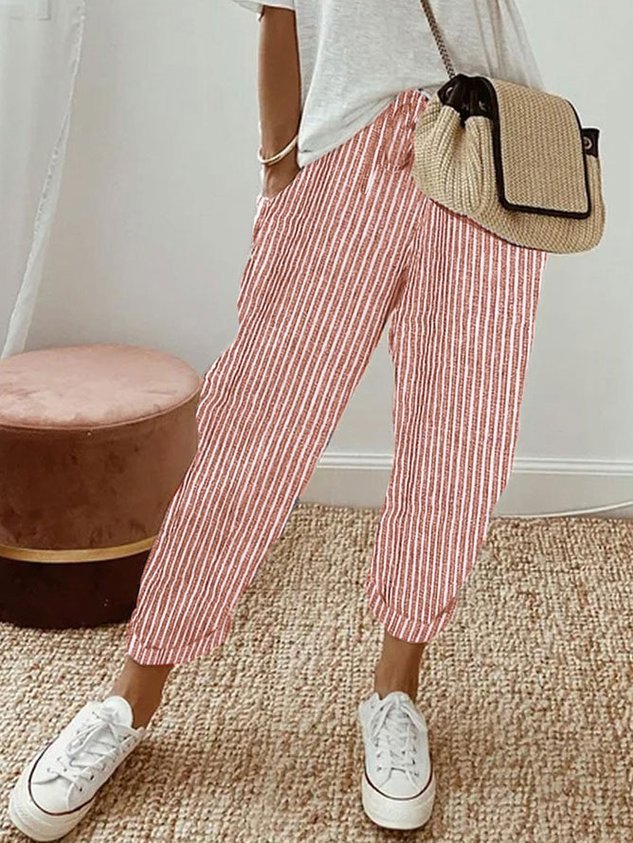 Pantalones de lino para mujer, corte relajado, cintura con cordón, largo completo