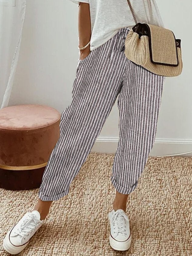 Pantalones de lino para mujer, corte relajado, cintura con cordón, largo completo