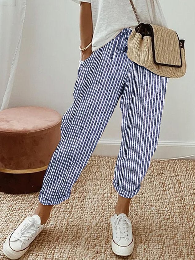 Pantalones de lino para mujer, corte relajado, cintura con cordón, largo completo