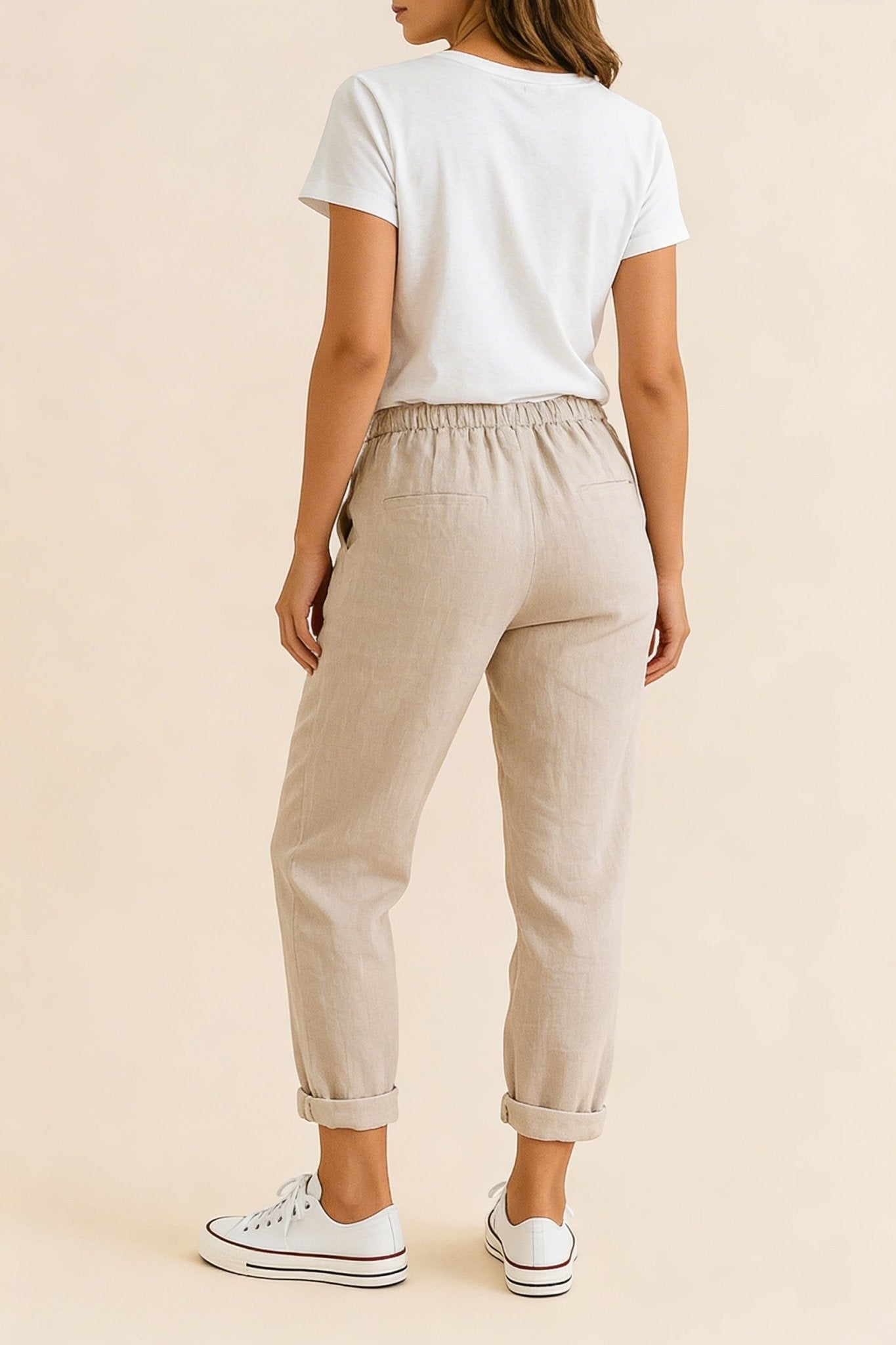 Pantalones de lino para mujer, corte relajado, cintura con cordón, largo completo