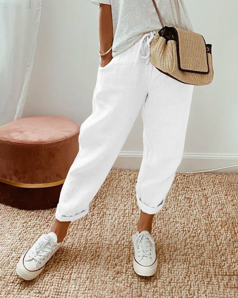 Pantalones de lino para mujer, corte relajado, cintura con cordón, largo completo