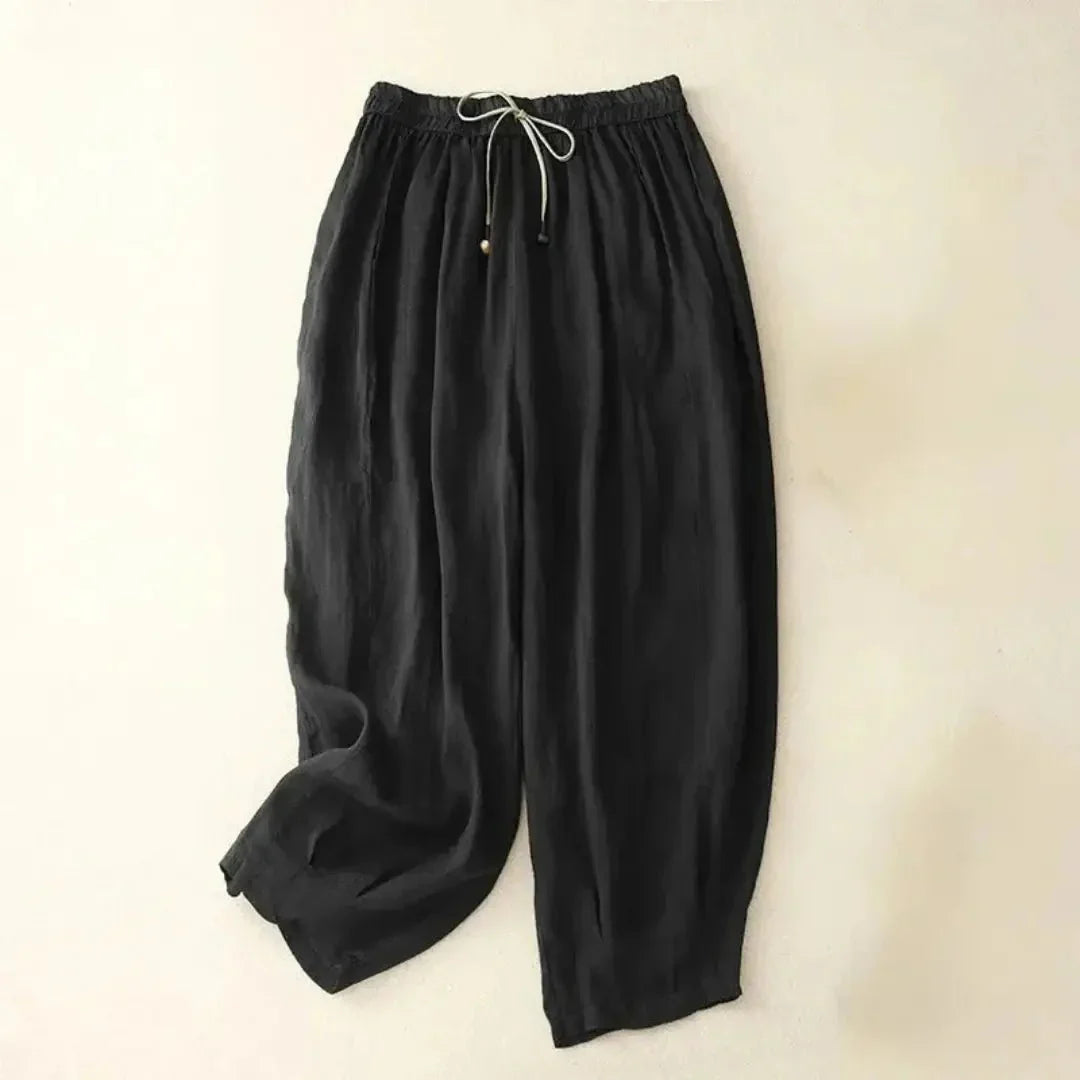 Trousers Women Linen Relaxed Fit Tapered Leg Drawstring Waist