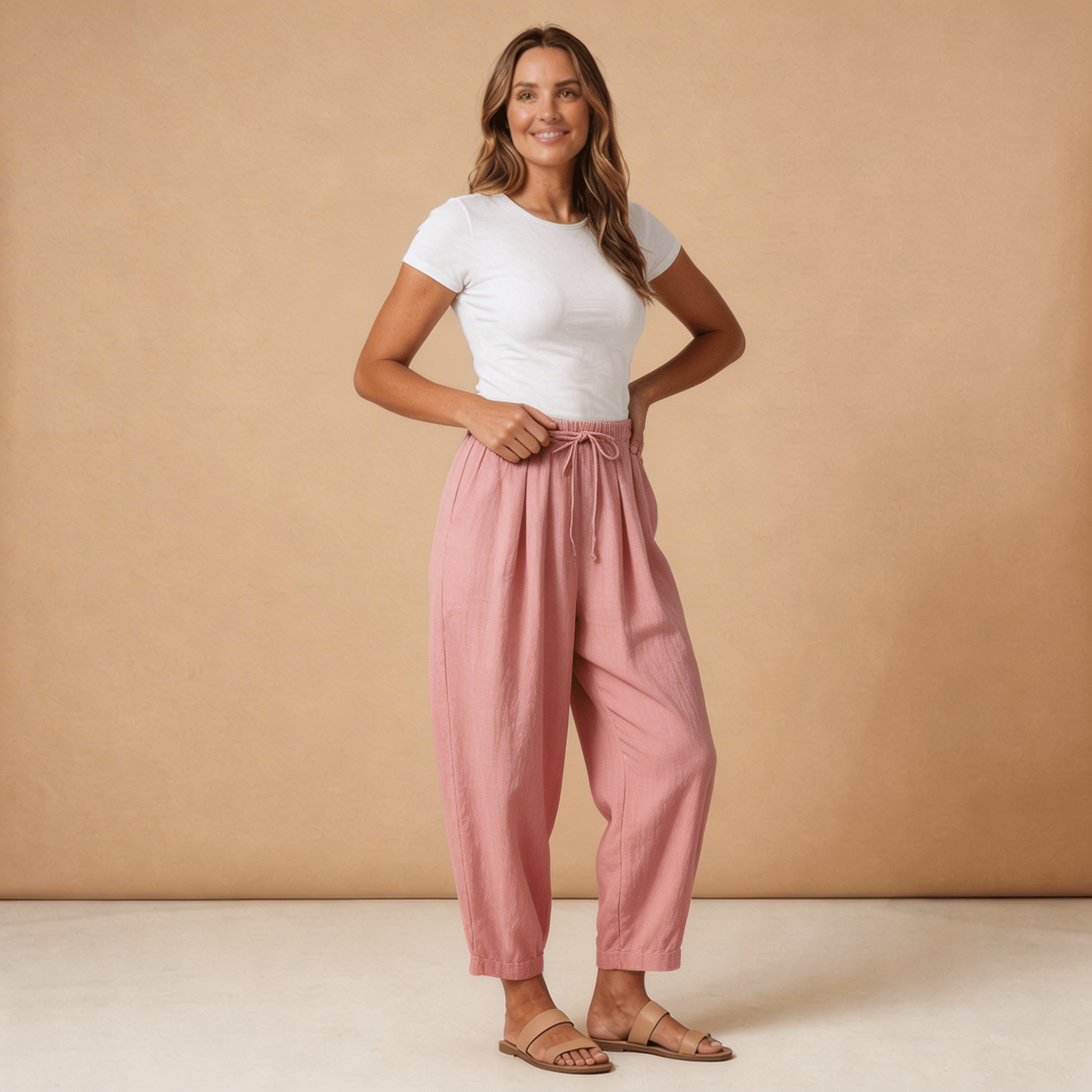 Pantalon en lin pour femme jambe large longueur cheville taille à cordon