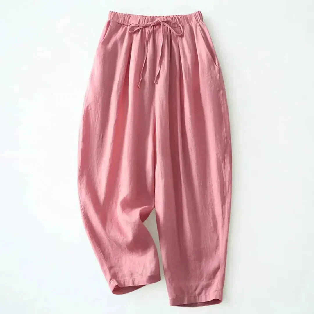 Pantalon en lin pour femme jambe large longueur cheville taille à cordon