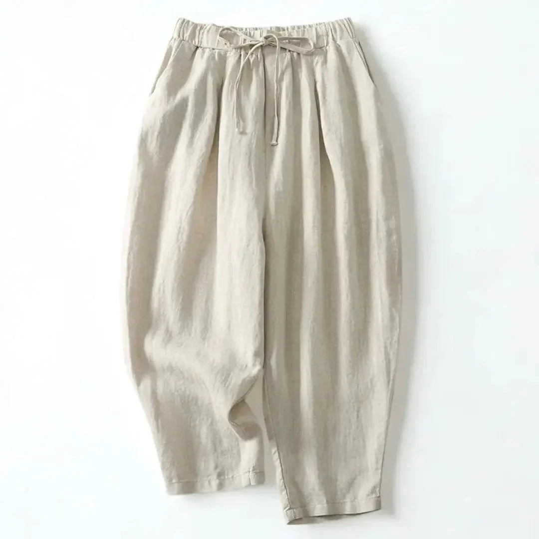 Pantalon en lin pour femme jambe large longueur cheville taille à cordon