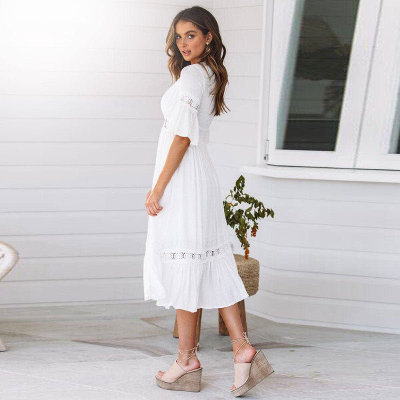 Vestido Feminino Ajuste Regular Decote em V Comprimento Médio Design Limpo