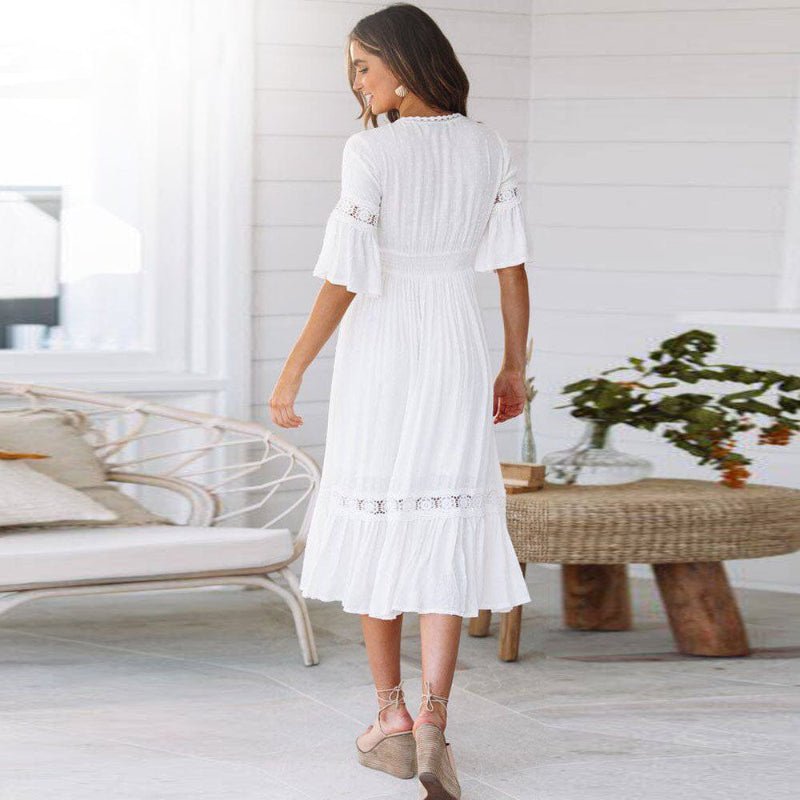 Vestido Feminino Ajuste Regular Decote em V Comprimento Médio Design Limpo