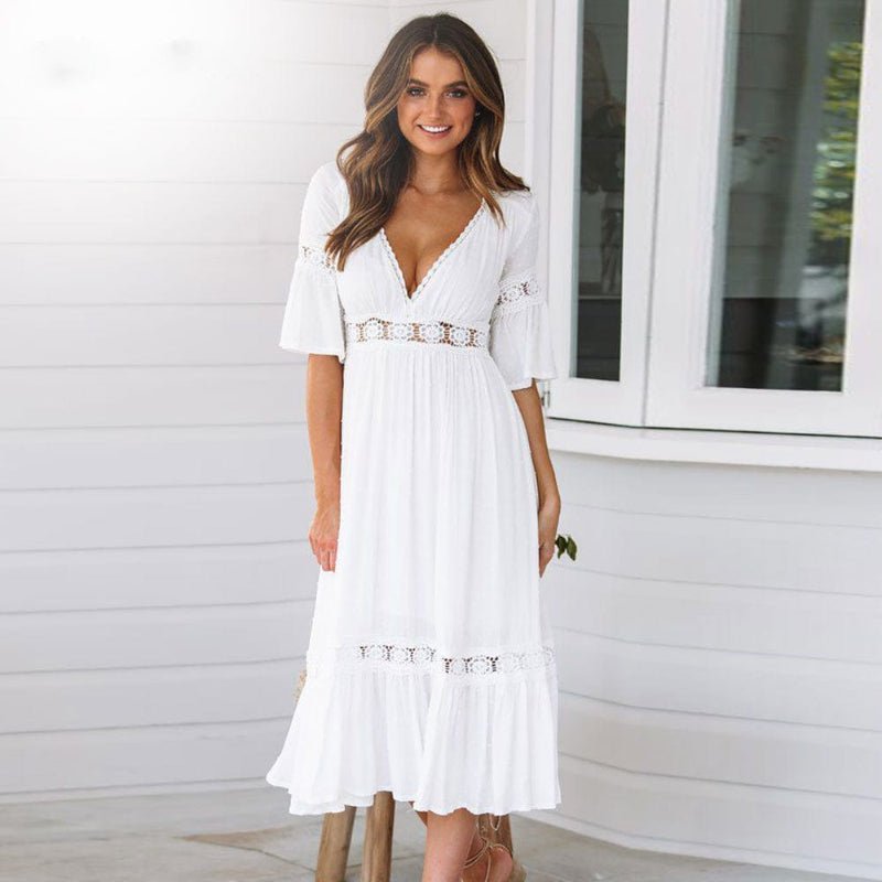 Vestido Feminino Ajuste Regular Decote em V Comprimento Médio Design Limpo