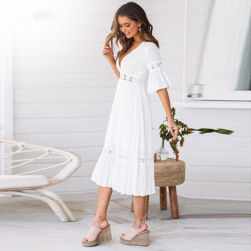 Vestido Feminino Ajuste Regular Decote em V Comprimento Médio Design Limpo