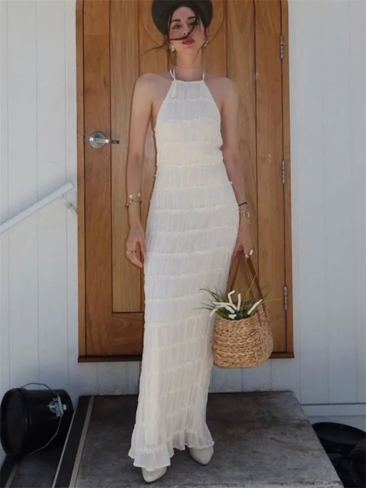 Dames maxi-jurk met halterhals, open rug en geplooid ontwerp