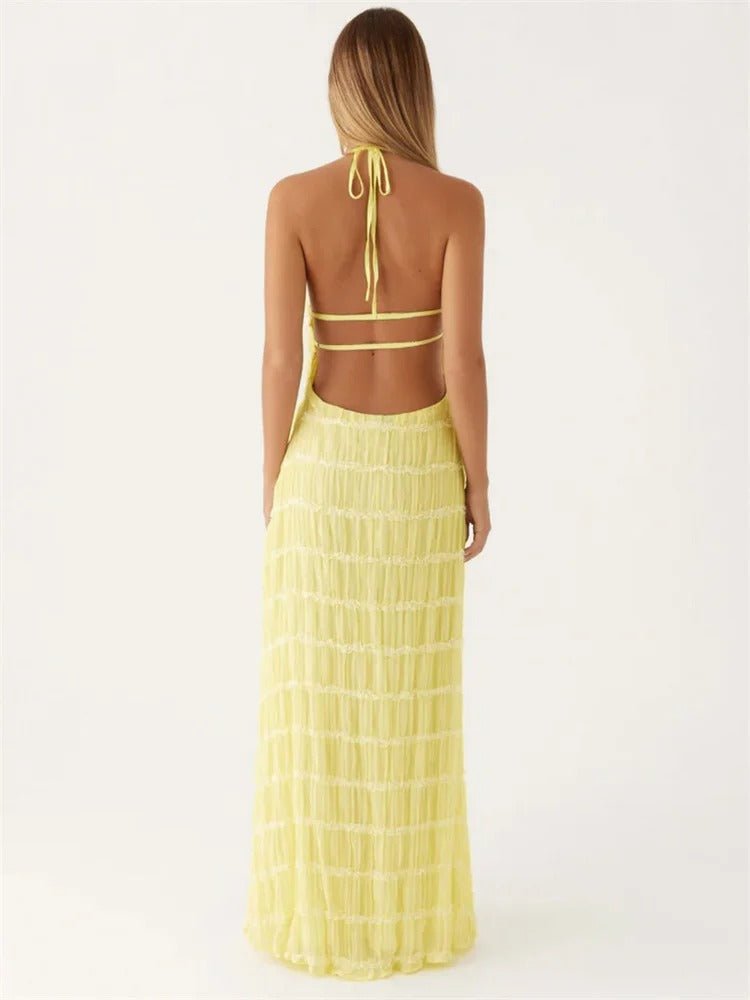 Dames maxi-jurk met halterhals, open rug en geplooid ontwerp