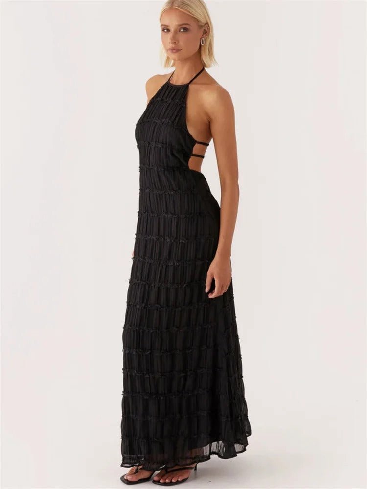 Dames maxi-jurk met halterhals, open rug en geplooid ontwerp