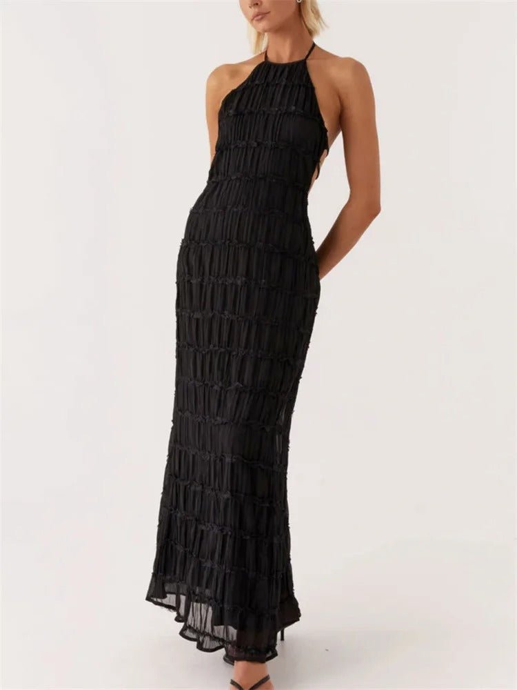 Dames maxi-jurk met halterhals, open rug en geplooid ontwerp