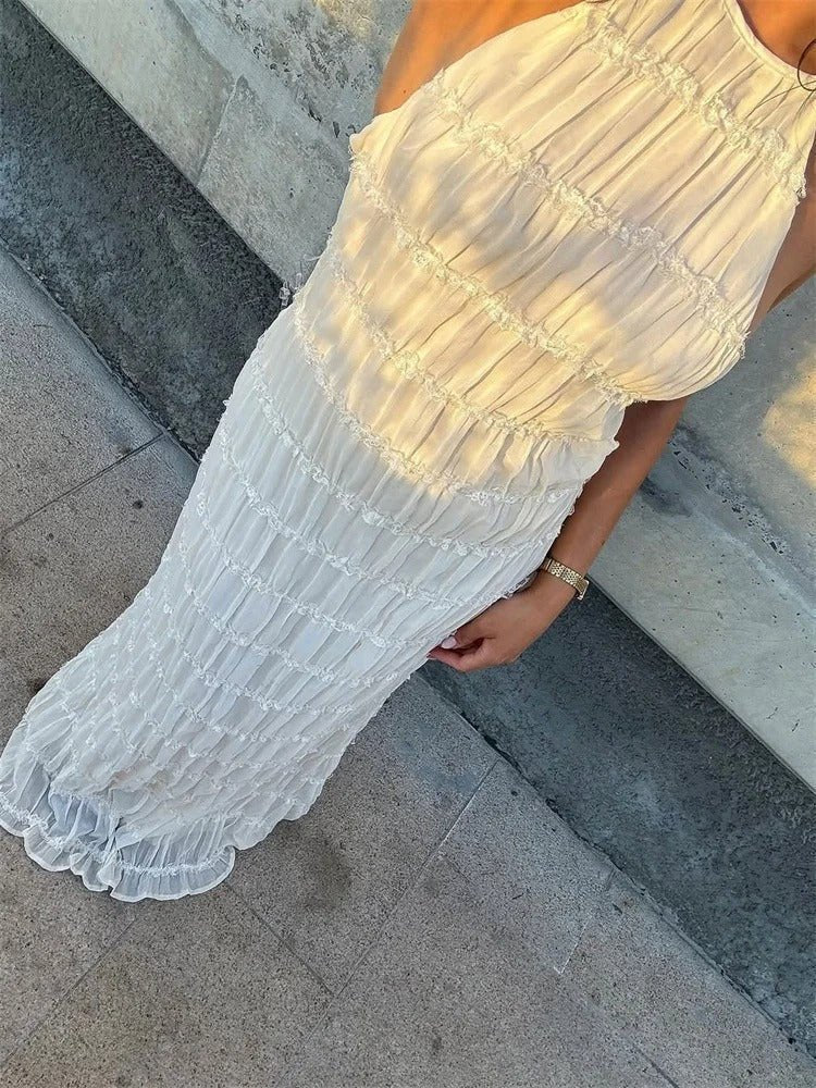 Dames maxi-jurk met halterhals, open rug en geplooid ontwerp
