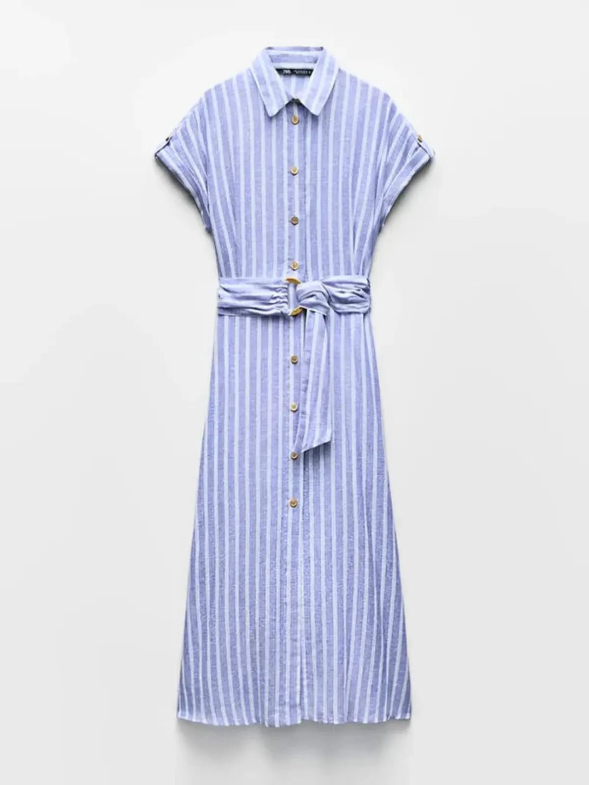 Damen Maxikleid Leinen Gestreift Kurzarm Knopfverschluss