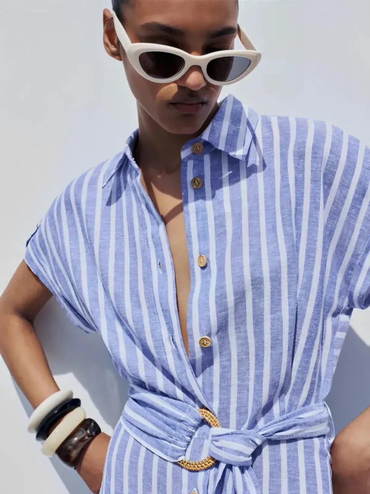 Damen Maxikleid Leinen Gestreift Kurzarm Knopfverschluss