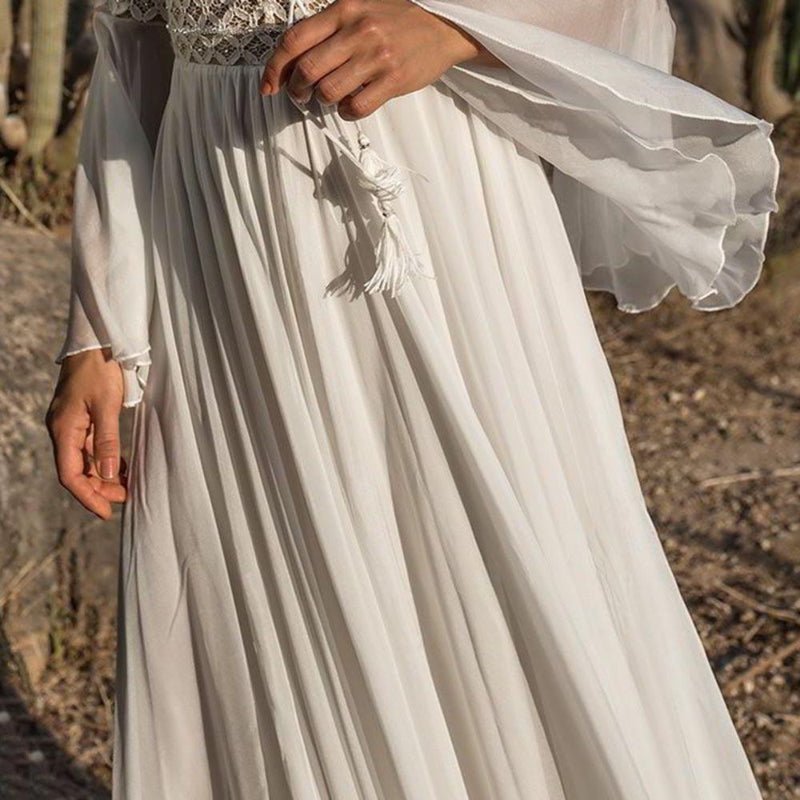 Vestido maxi para mujer con manga larga, línea A, escote en V y cordones