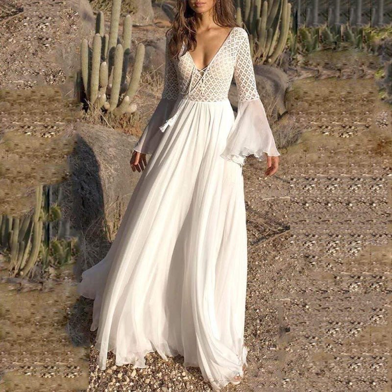 Vestido maxi para mujer con manga larga, línea A, escote en V y cordones
