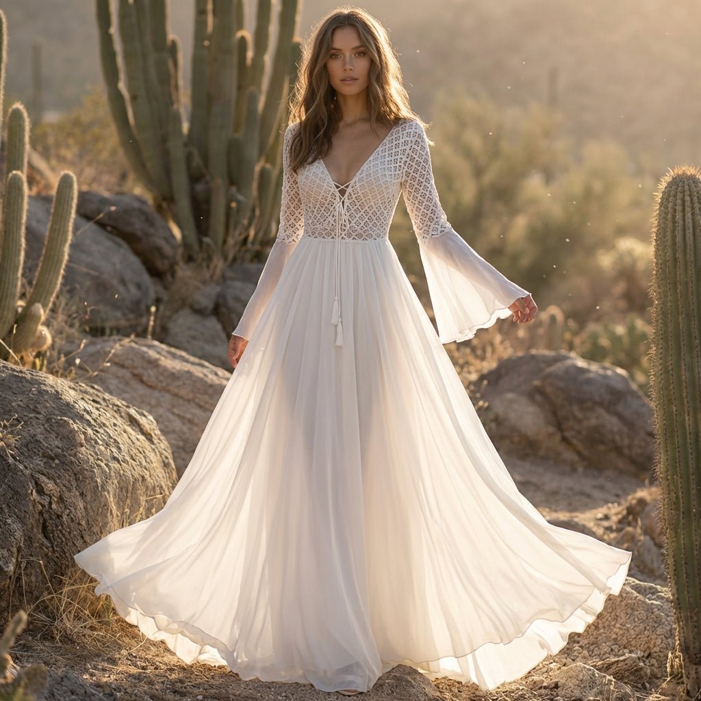 Vestido maxi para mujer con manga larga, línea A, escote en V y cordones
