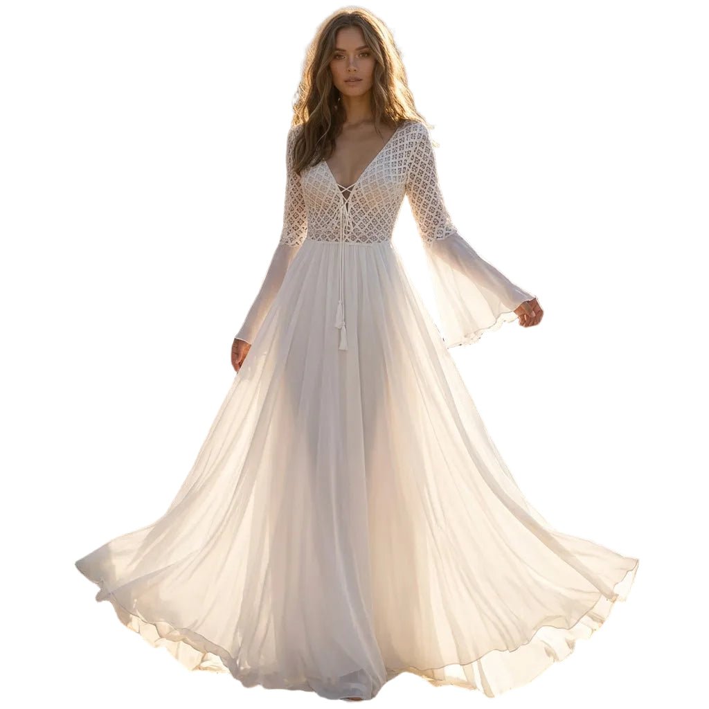 Vestido maxi para mujer con manga larga, línea A, escote en V y cordones