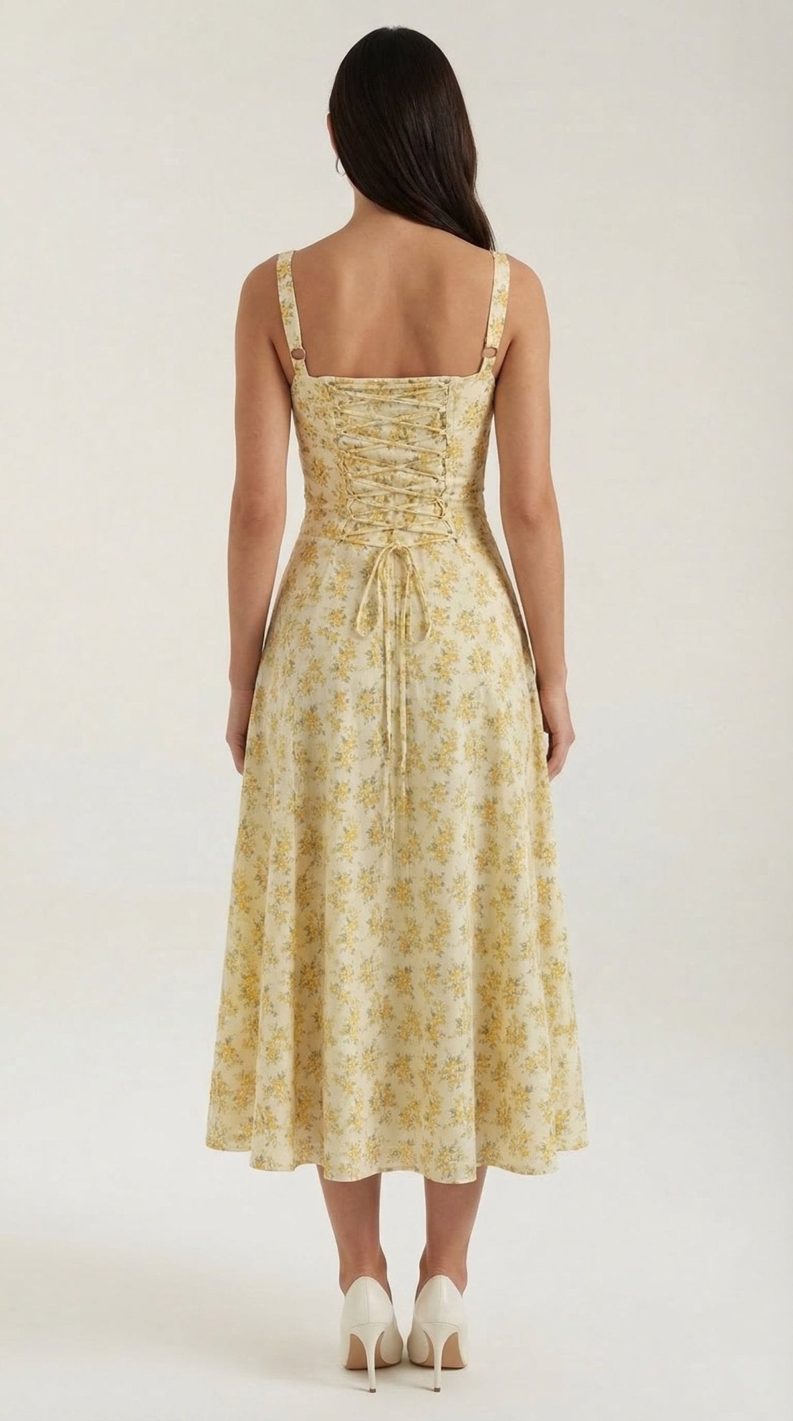 Vestido midi para mujer con escote corazón y detalle de cordones en el frente