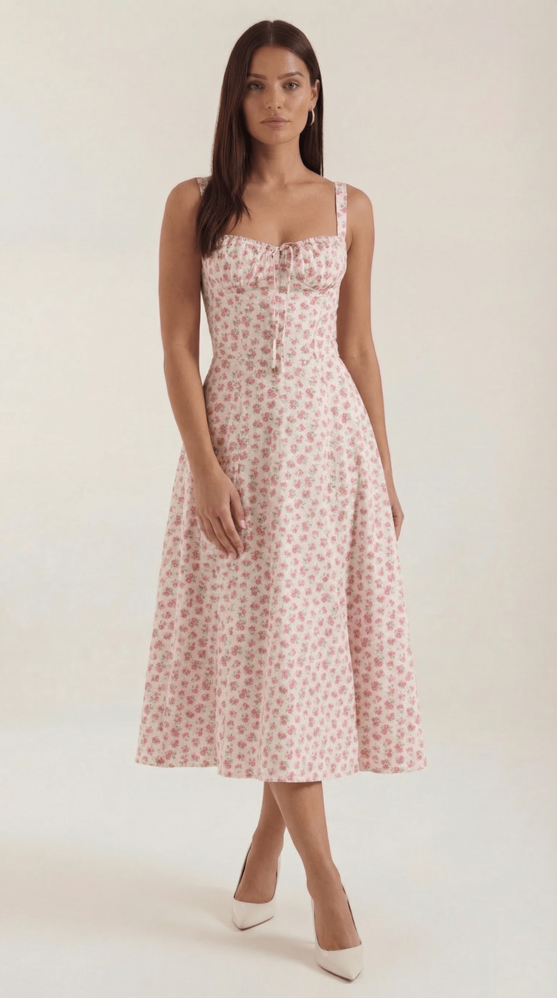 Vestido midi para mujer con escote corazón y detalle de cordones en el frente