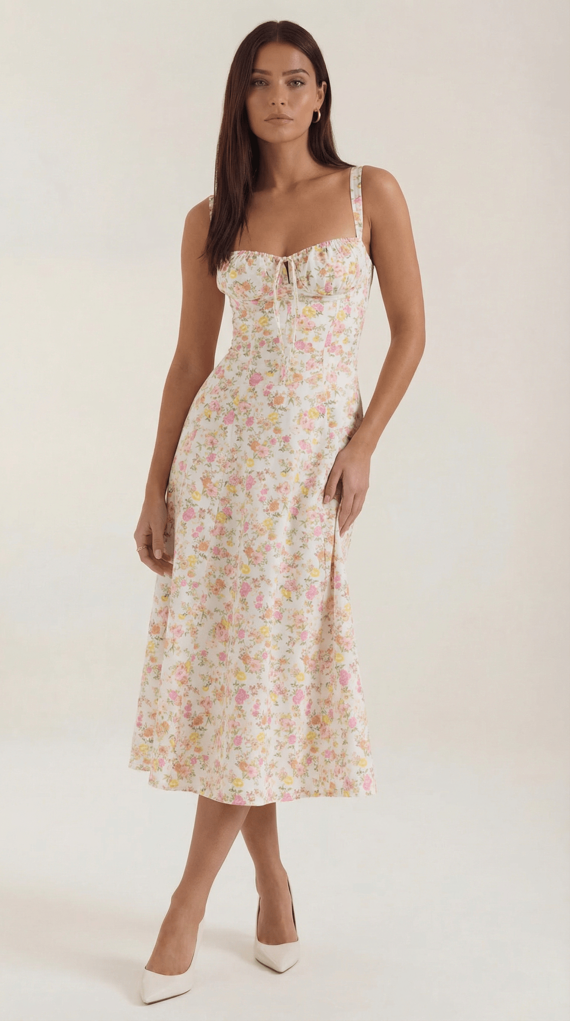 Vestido midi para mujer con escote corazón y detalle de cordones en el frente
