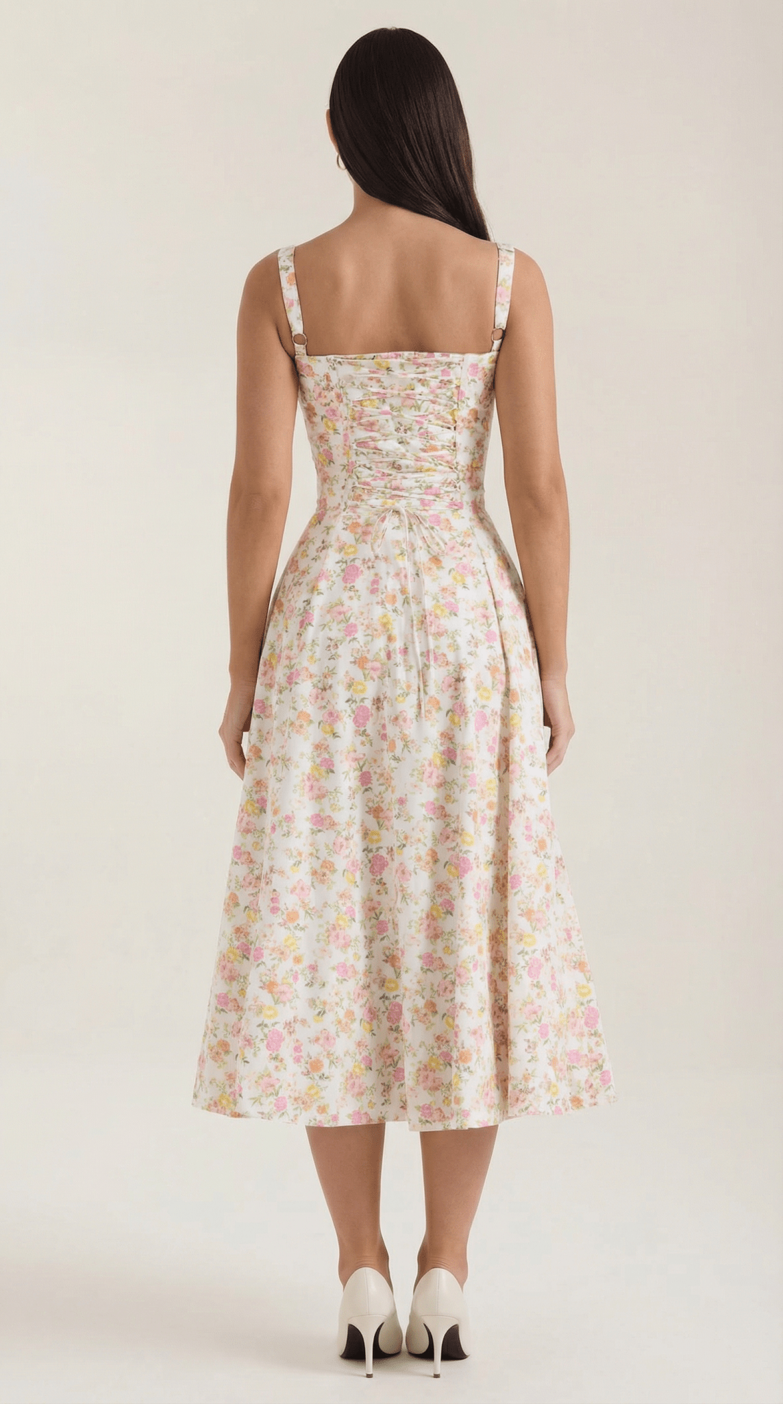 Vestido midi para mujer con escote corazón y detalle de cordones en el frente