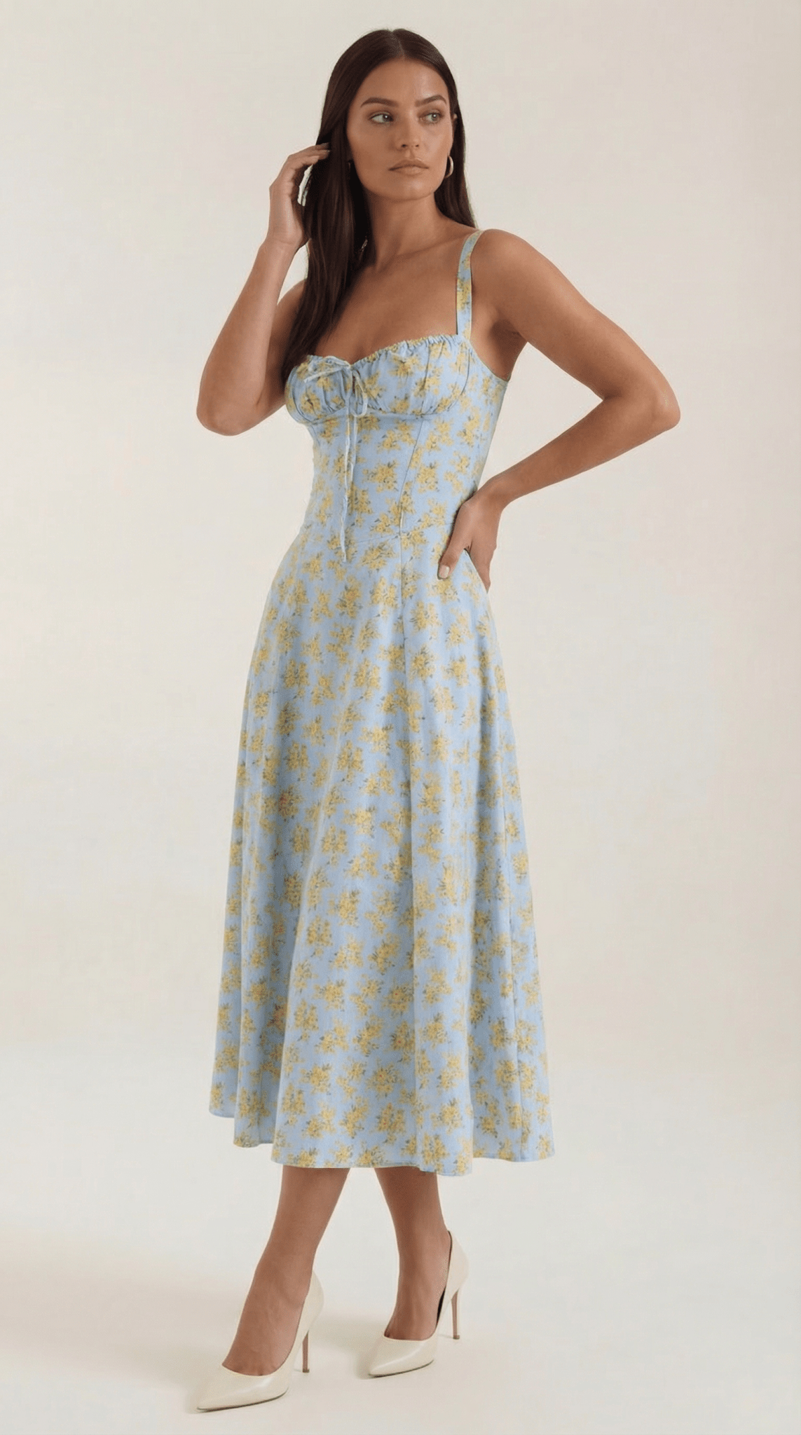 Vestido midi para mujer con escote corazón y detalle de cordones en el frente