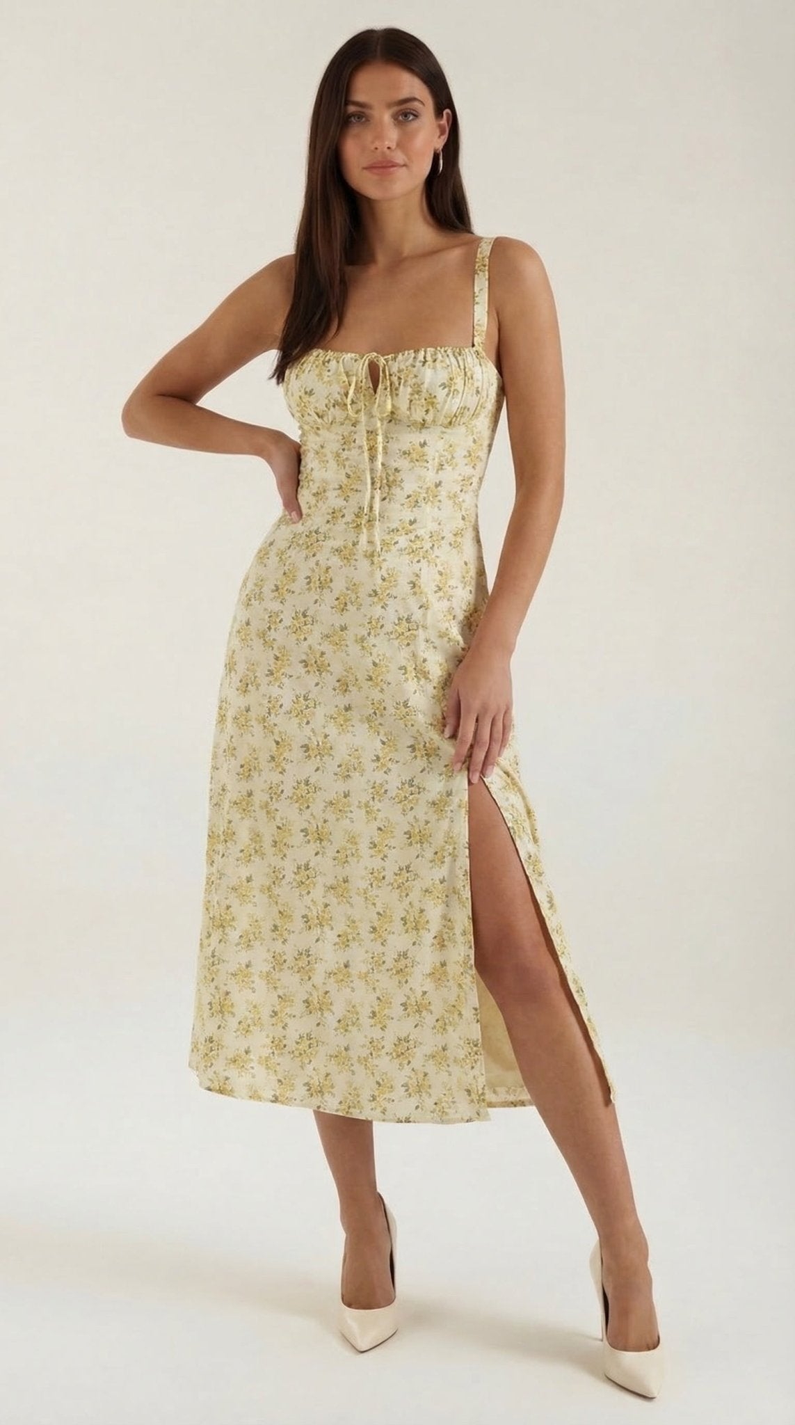 Vestido midi para mujer con escote corazón y detalle de cordones en el frente