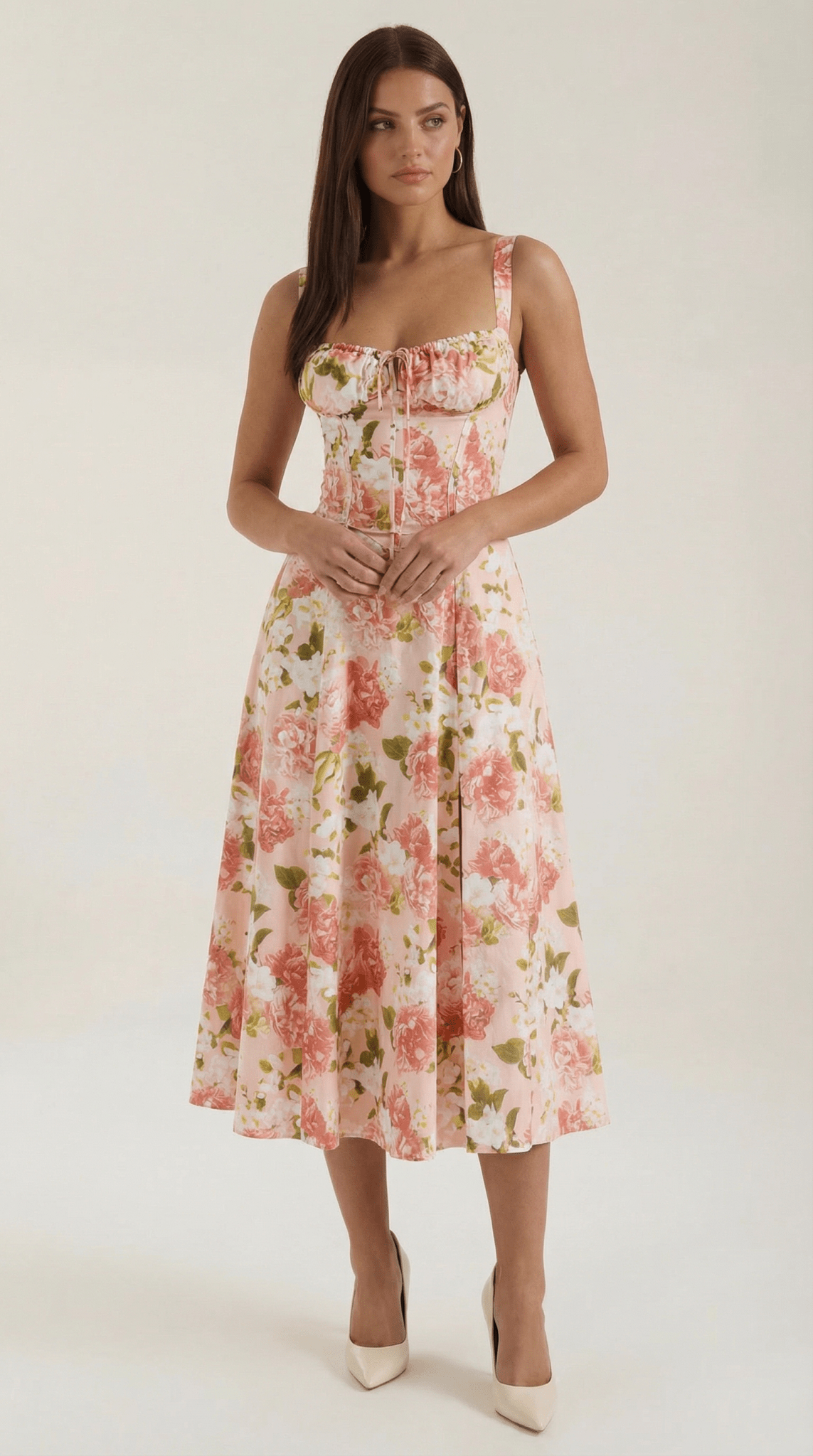 Vestido midi para mujer con escote corazón y detalle de cordones en el frente