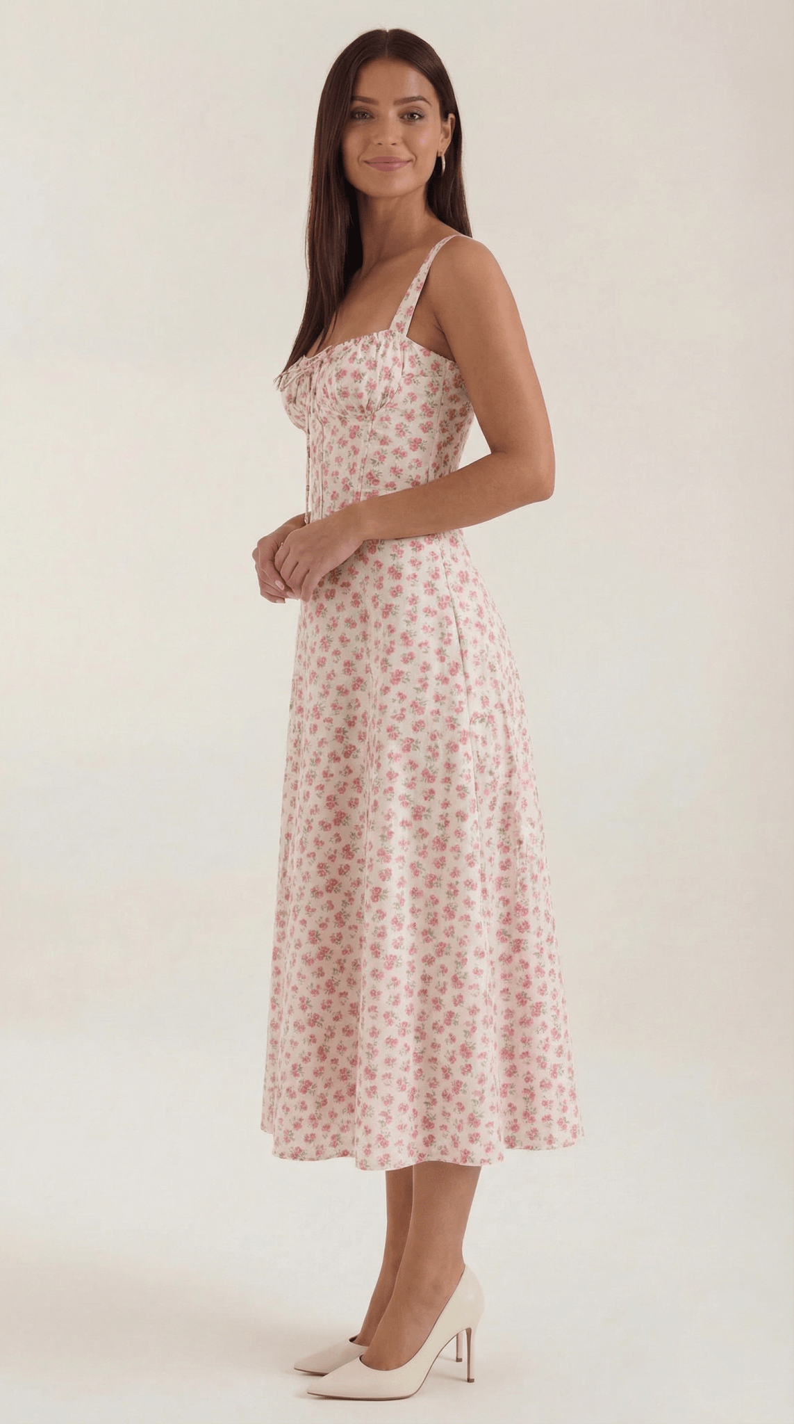 Vestido midi para mujer con escote corazón y detalle de cordones en el frente