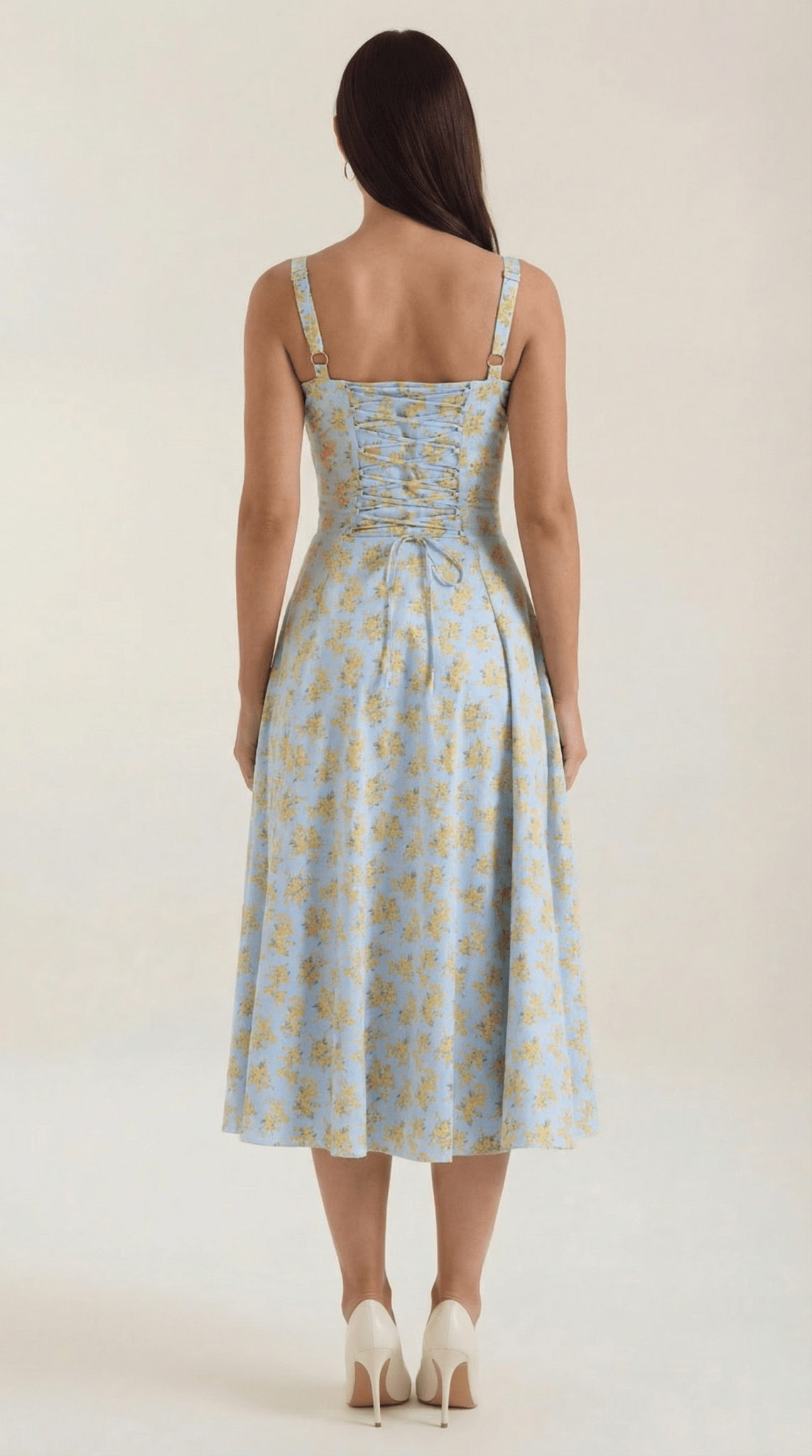 Vestido midi para mujer con escote corazón y detalle de cordones en el frente