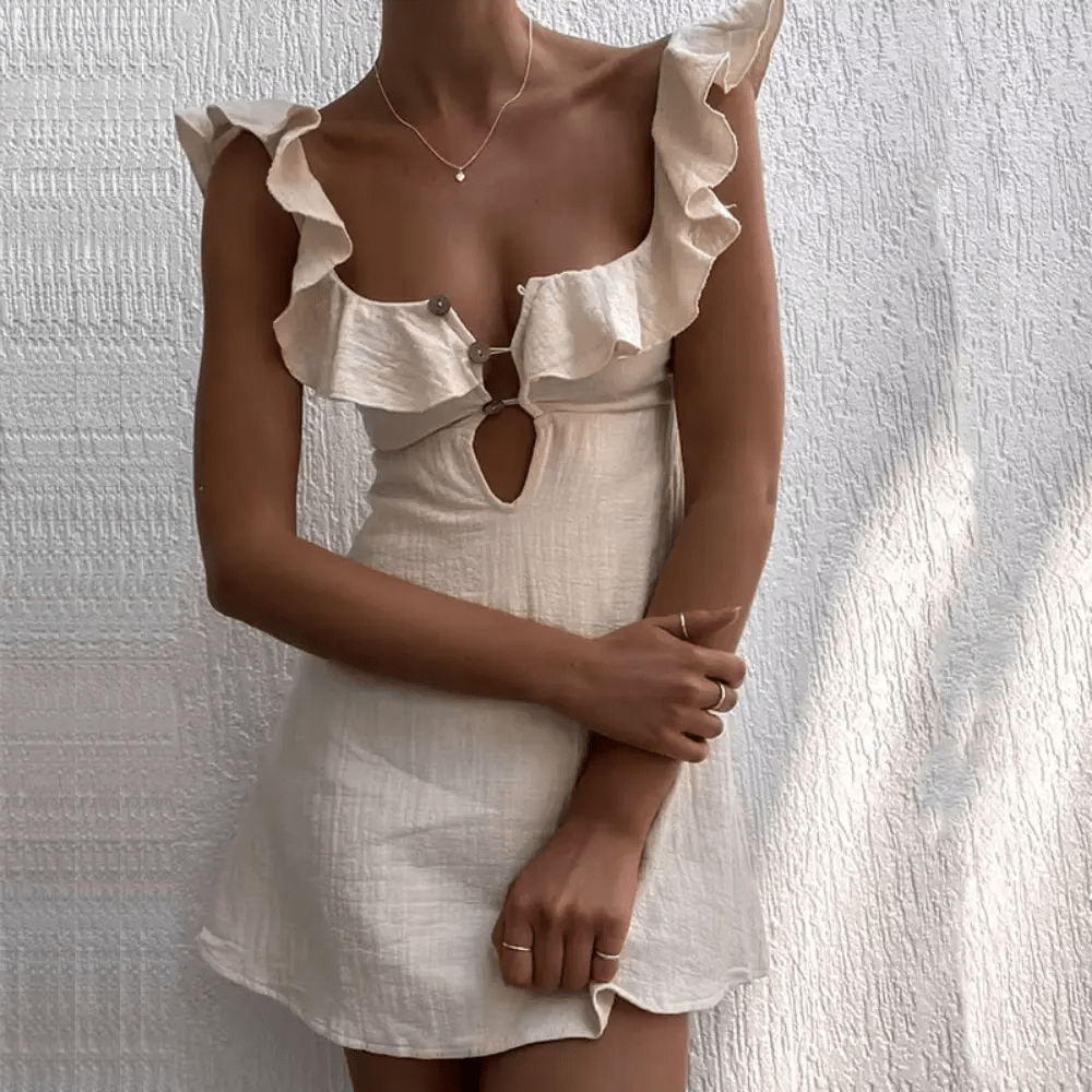 Damen Minikleid Leinen, V-Ausschnitt, Spaghettiträger, über dem Knie