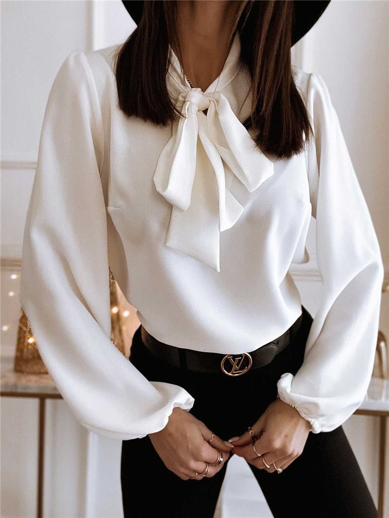 Dames Blouse — Getailleerd Lange Mouw Strik Hals Gerimpelde Manchetten