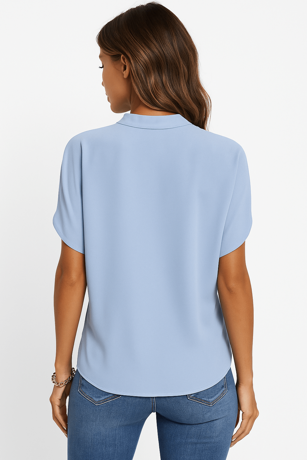 Damesblouse — V-hals met mandarijnkraag en halslijn detail